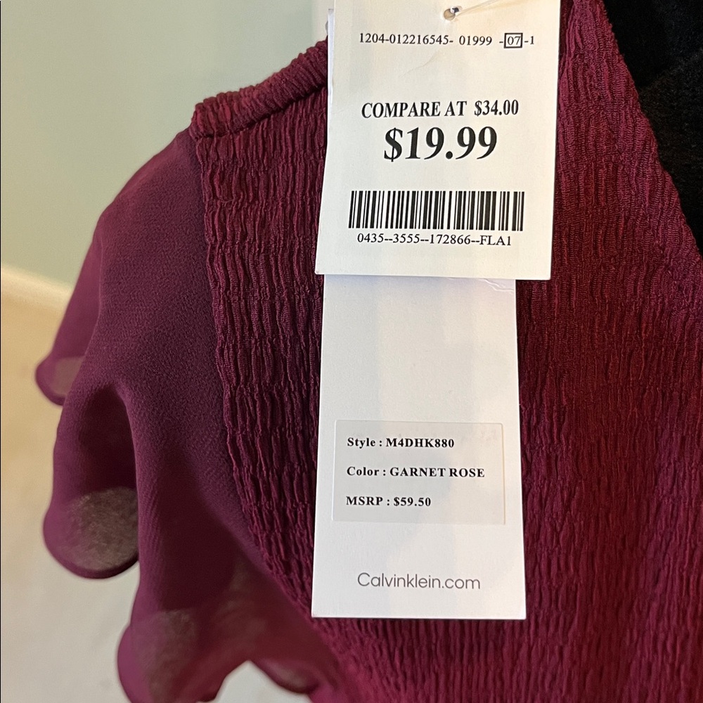 NWT Calvin Klein Blouse with Sheer Flutter Cap Sleeves Merlot Color - Picture 5 of 5